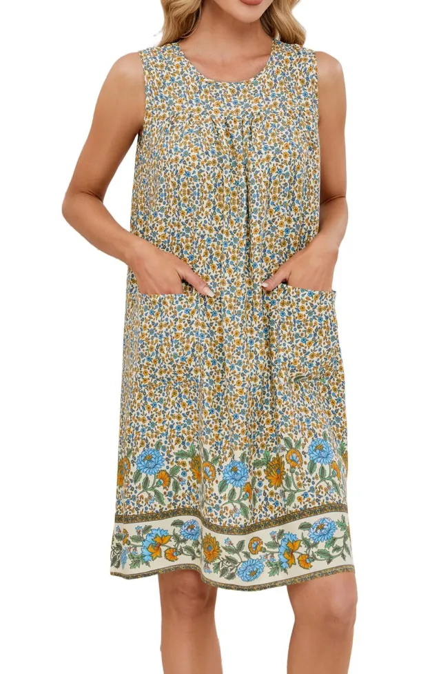 Vest Floral Pocket Dress Light Green Flower Yellow Floral - Shop at LoveMi