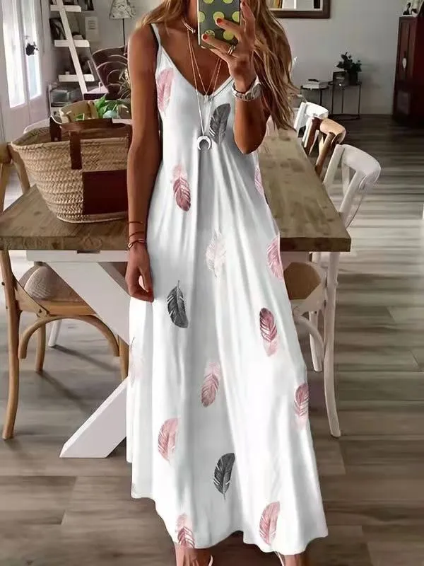 Sleeveless Slim fit Feather Print Low cut V neck Strap Large Swing Dress White - Shop at LoveMi