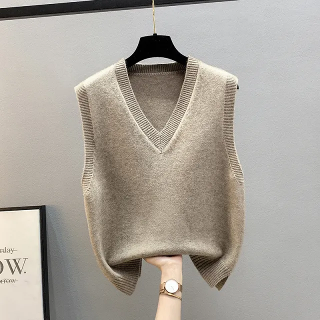 Female Knitting Sweater V neck Loose fitting Waistcoat Khaki - Shop at LoveMi