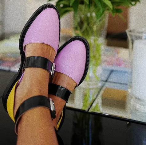 Closed Toe Flat Sandals Women's Shoes Round Toe Colour-blocking Low Square Heel Buckle Round Toe Women's Large Size Fashion Shoes - Yellow