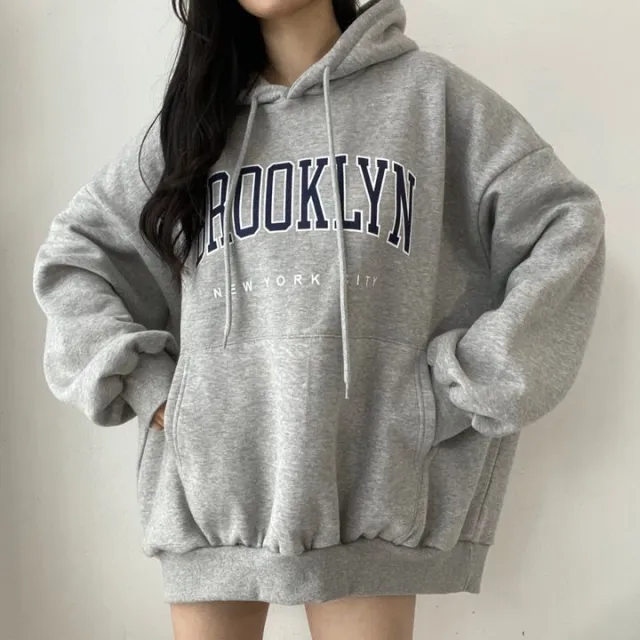 Sweater Women's Mid length Letter Hooded Loose 5082A Dark Gray Thick - Shop at LoveMi