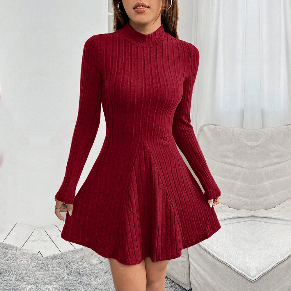 Autumn And Winter New European And American Women's Slim fit Semi high Neck Waist cinching A line Dress Long Sleeve Ribbed Dress Wine Red - Shop at LoveMi