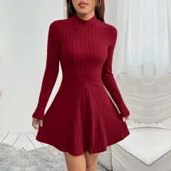 Autumn And Winter New European And American Women's Slim-fit Semi-high Neck Waist-cinching A-line Dress Long Sleeve Ribbed Dress - Wine Red - View 1