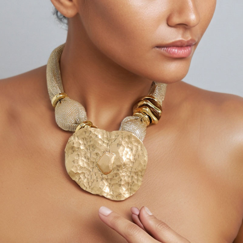 Womens Gold Mesh Chain Necklace With Hammered Pendant