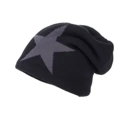 Fleece-lined Warm Big Five-pointed Star Knitted Woolen Hat - Black - View 1