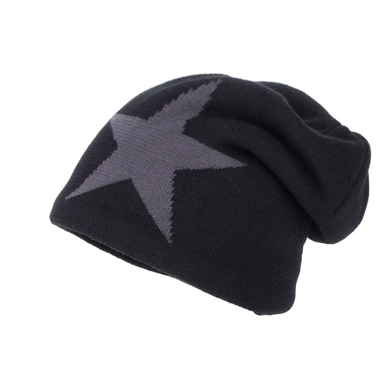 Fleece-lined Warm Big Five-pointed Star Knitted Woolen Hat - Black