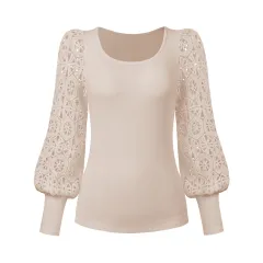 New Fashion Lace Long Sleeve Pullover Small Sunken Stripe T-shirt - Apricot - View 1