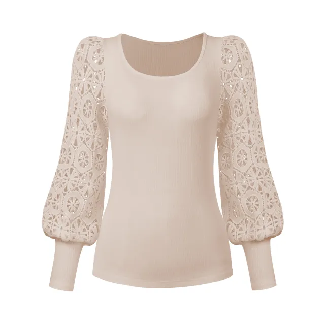 New Fashion Lace Long Sleeve Pullover Small Sunken Stripe T shirt Apricot - Shop at LoveMi
