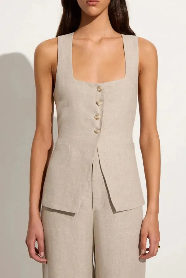Vest Suit Cotton Square Collar Sleeveless Vest Top Trousers Two piece Set Khaki - Shop at LoveMi