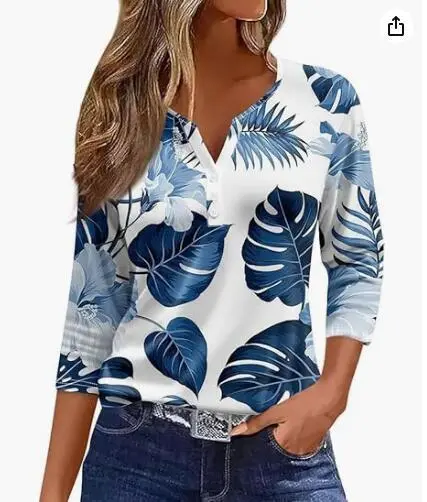 Women's T-shirt V-neck Half-open Tube Three-button Printed 34 Sleeves Top - 55 Style-M