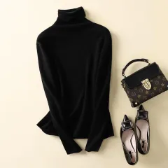 Turtleneck Western Style Inner Wear Thin Knitted Cashmere Sweater - Black - View 1