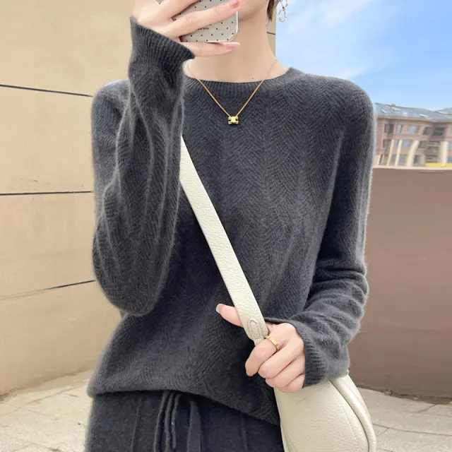 Pure Wool Round Neck Sweater Women's Hollow Top Elephant Gray - Shop at LoveMi
