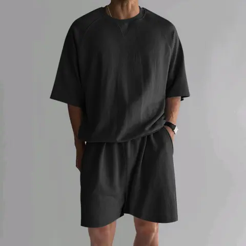 Men's Terry Casual Round Neck Sports Shorts Short Sleeve