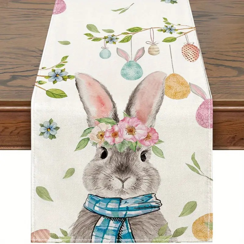 Easter Table Runner Rabbit Egg Decoration Linen Printing Table Cloth - Picture 21 of 32