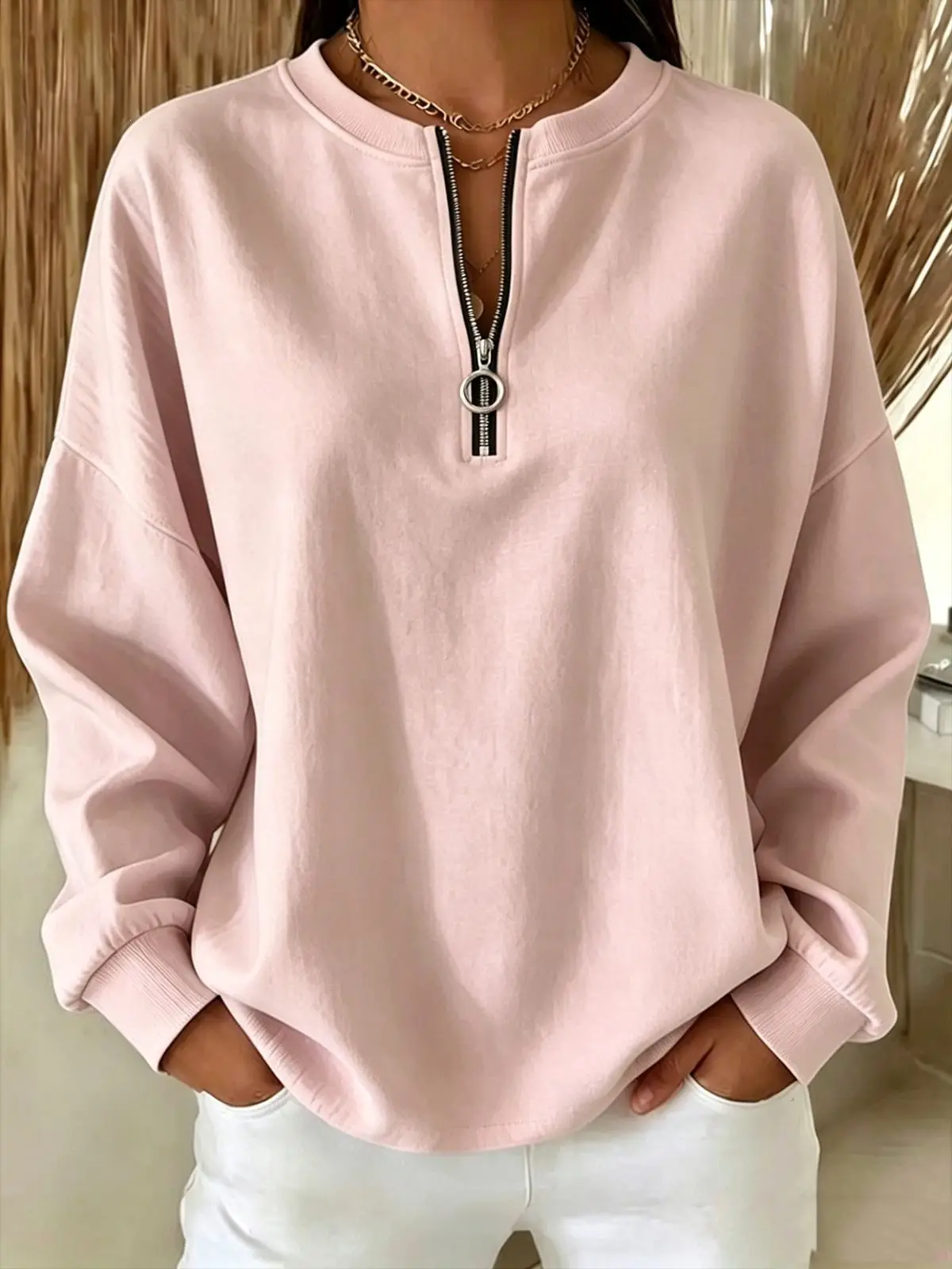 Womens Crew-neck Pullover Long-sleeve Half-zip Hoodie
