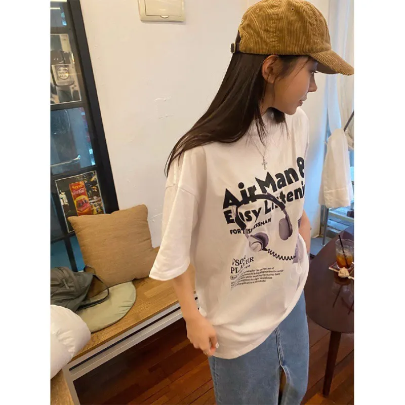 Women's Cotton Short-sleeved T-shirt Summer Fashion Korean Cartoon Loose Half-sleeve Top - White