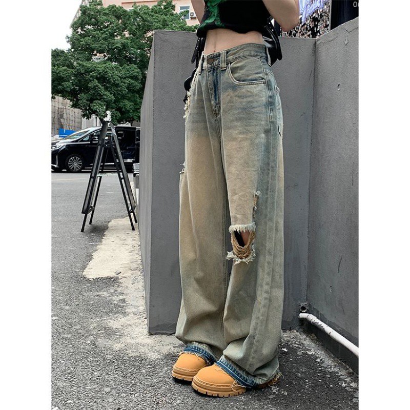 Women's Ripped High Waist Straight Loose Drooping Jeans Yellow Mud Color - Shop at LoveMi