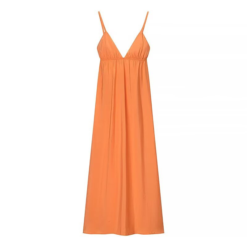 French Sexy Backless Spaghetti Straps Midi Skirt Dress Orange - Shop at LoveMi