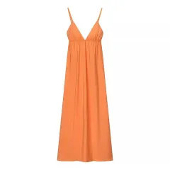 French Sexy Backless Spaghetti Straps Midi Skirt Dress - Orange - View 1