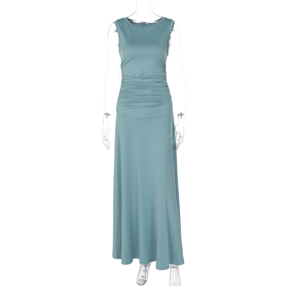 Fashionable Elegant Slim fit Pleated Round Neck Sleeveless Solid Color Dress Blue - Shop at LoveMi