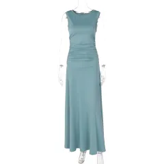 Fashionable Elegant Slim-fit Pleated Round Neck Sleeveless Solid Colour Dress - Blue - View 1