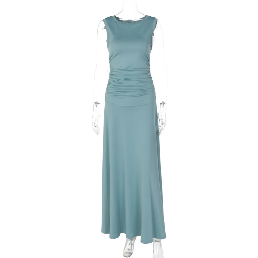 Fashionable Elegant Slim-fit Pleated Round Neck Sleeveless Solid Color Dress - Blue