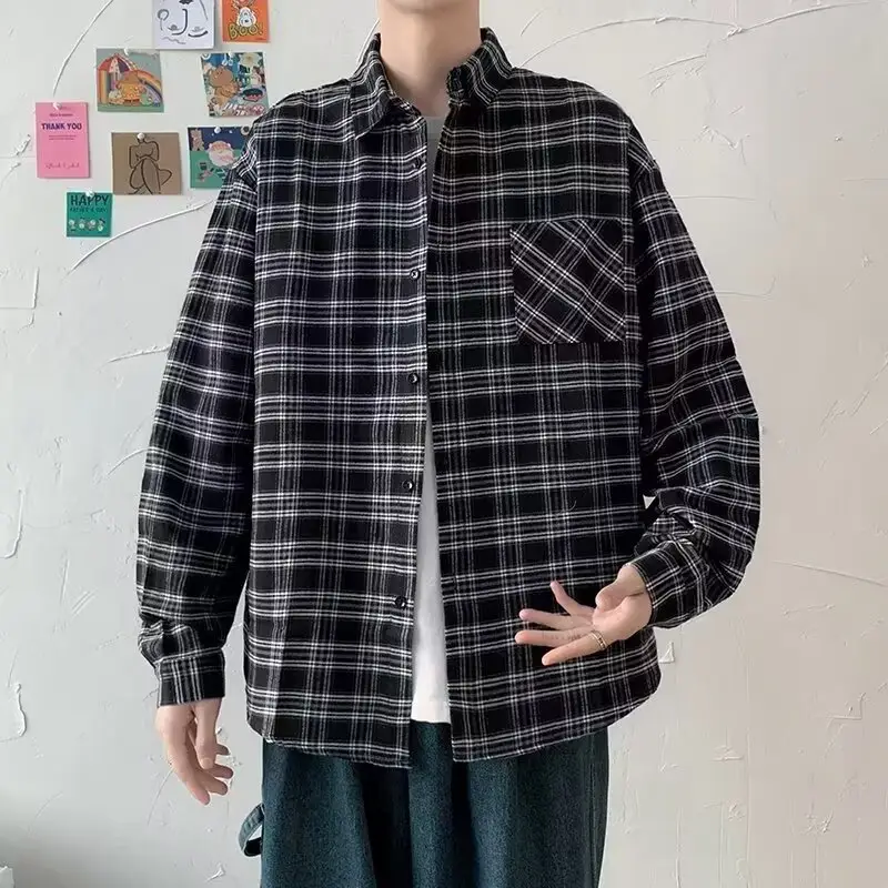 Men's Loose and Casual Black Plaid Long Sleeve Shirt