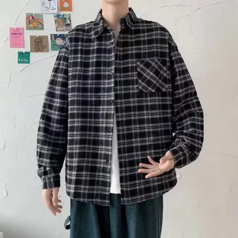 Men's Loose and Casual Black Plaid Long Sleeve Shirt