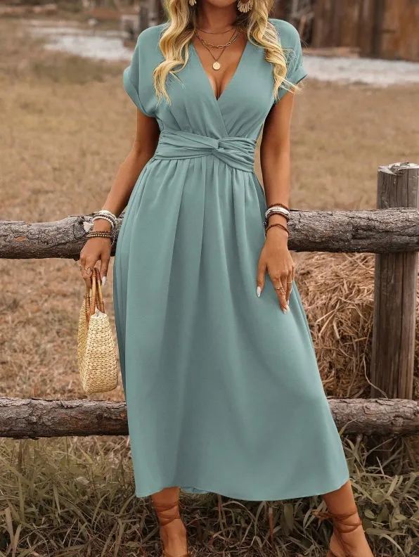 Women's Europe And America Cross Border V neck Pleated Solid Color Waist Dress Color 9 S - Shop at LoveMi