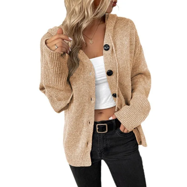 Drawstring Knitted Cardigan Coat Women's Hooded Single breasted Sweater Khaki - Shop at LoveMi