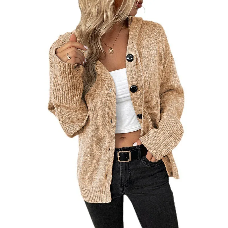 Drawstring Knitted Cardigan Coat Women's Hooded Single-breasted Sweater - Khaki