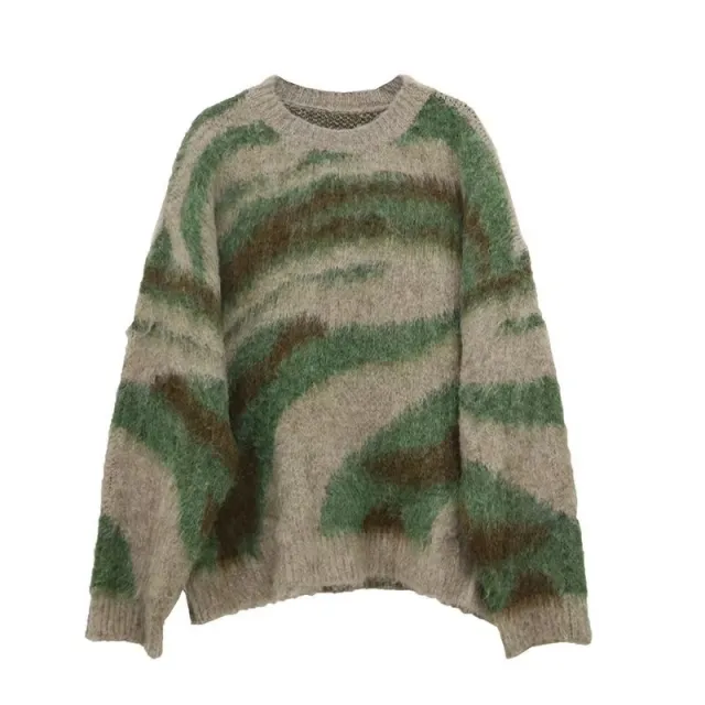 Contrast Color Stripes Idle Style Winter Loose Retro New Mohair Knitwear Sweater Green - Shop at LoveMi