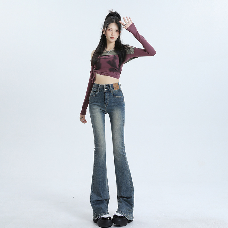 High Waist Slimming Hot Girl Double Buckle Slightly Flared Jeans Women Blue - Shop at LoveMi