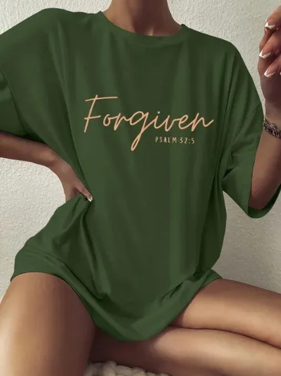 Versatile Simple Letter Print Loose Women's Cotton T shirt Green - Shop at LoveMi
