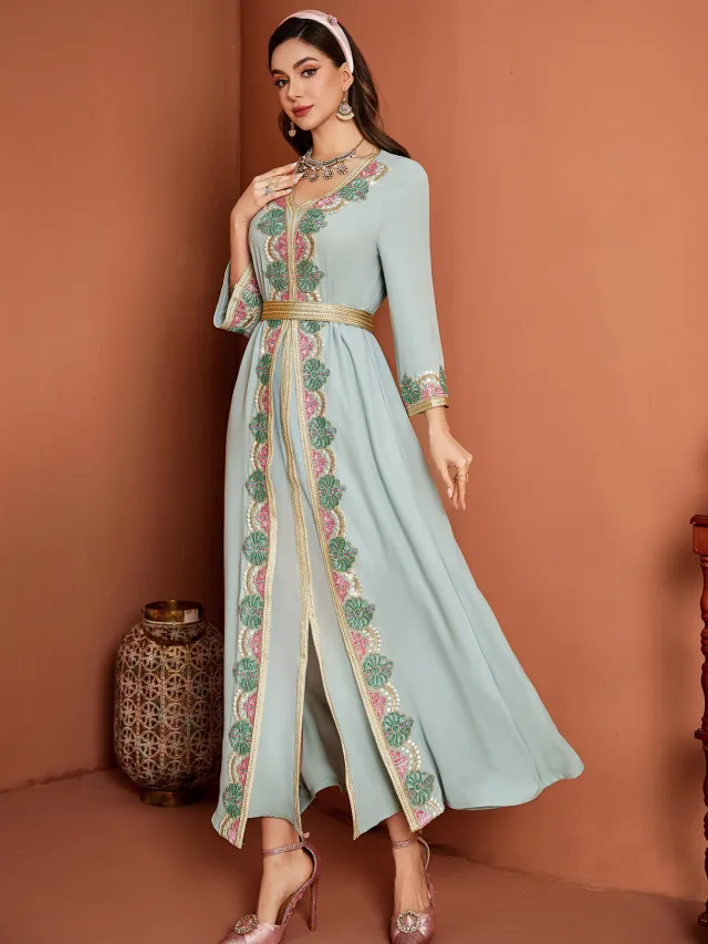 New Bean Green False Two piece Patchwork Lace Embroidered Lace V neck Dress Pea Green - Shop at LoveMi