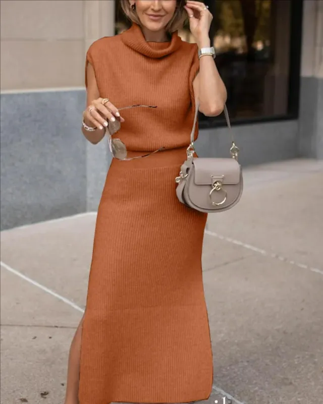 Comfortable And Casual Turtleneck Solid color Sleeveless Knit Caramel Color L - Shop at LoveMi