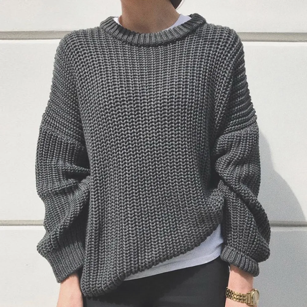 Women's Fashion Casual Simple Thick Needle Long Sleeve Round Neck Loose Knitted Pullover Sweater - Gray