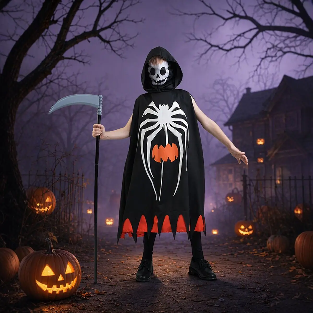 Halloween Party Costume Kids Cloak Pumpkin Spiderweb