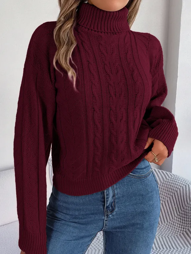Loose High Collar Twist Long Sleeve Knitted Pullover Sweater Wine Red - Shop at LoveMi