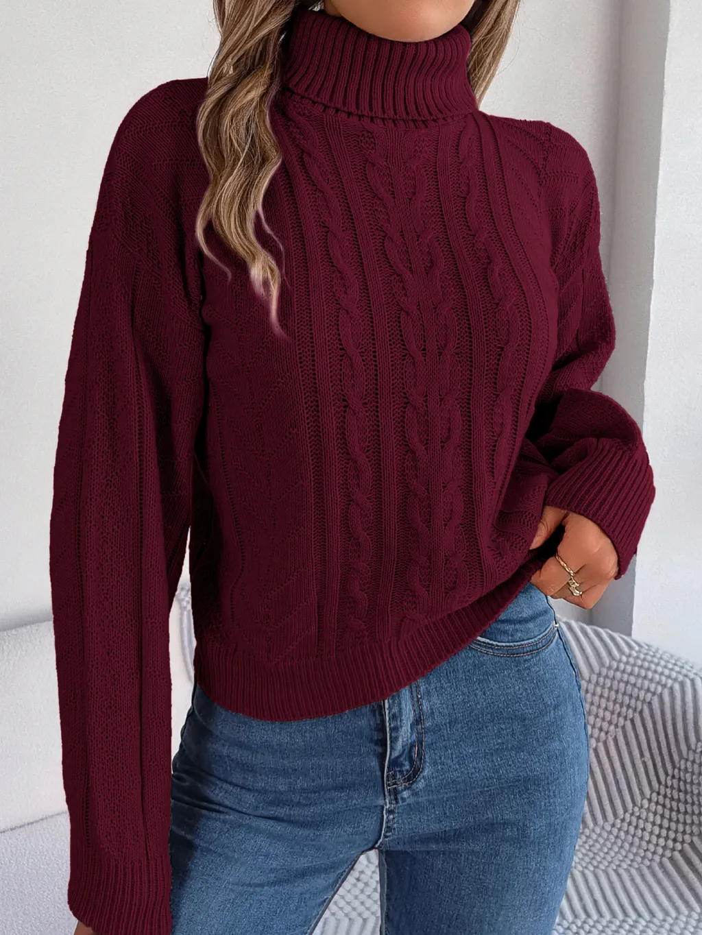 Loose High Collar Twist Long Sleeve Knitted Pullover Sweater - Wine Red