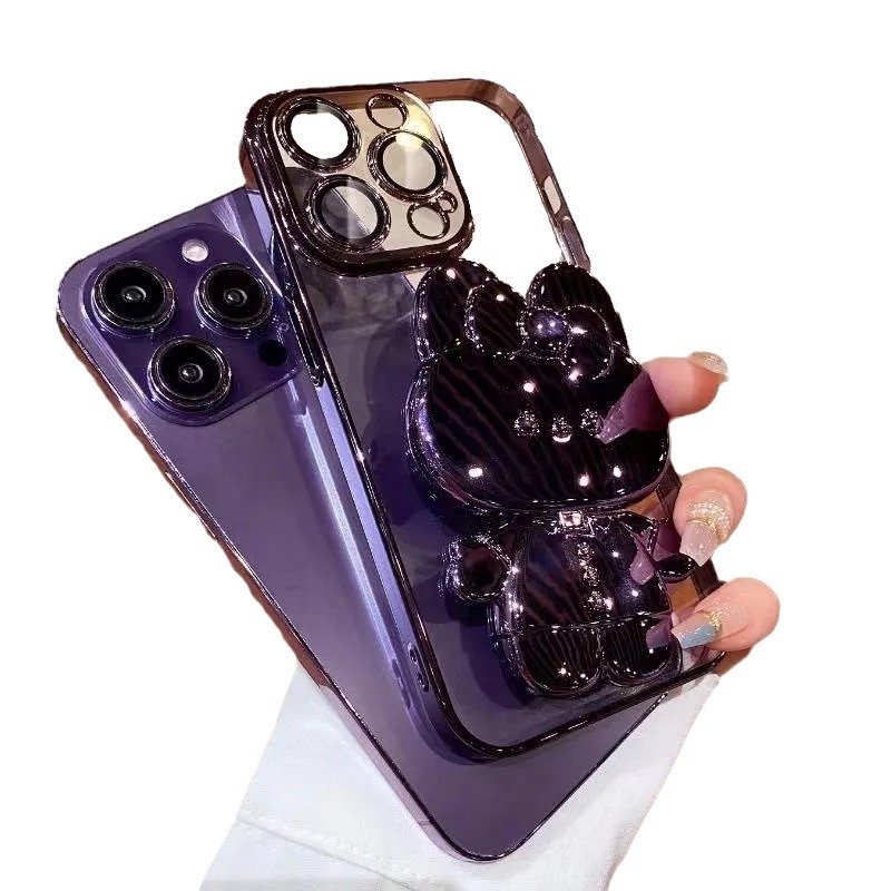 Electroplated Rabbit Stand Phone Case With Makeup Mirror Gradient Protective Cover 8