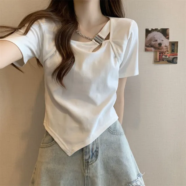 Slim Fit And Thin Cover Belly Irregular Short sleeved T shirt For Women White - Shop at LoveMi