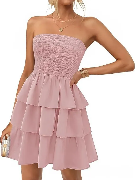 Women's Summer Pleated Tube Top Dress Off the shoulder Dress Pink - Shop at LoveMi