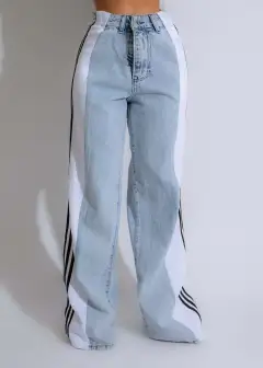 Summer Fashion Stitching Three Striped Wide Leg Denim Trousers For Women - Light Blue Denim White G0668 - View 1
