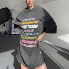 Retro Style Distressed Short Sleeve Loose Casual Cool Letter Printed Washed Gray Trendy T-shirt - Washed Old - View 1