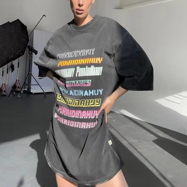 Retro Style Distressed Short Sleeve Loose Casual Cool Letter Printed Washed Gray Trendy T shirt Washed Old - Shop at LoveMi