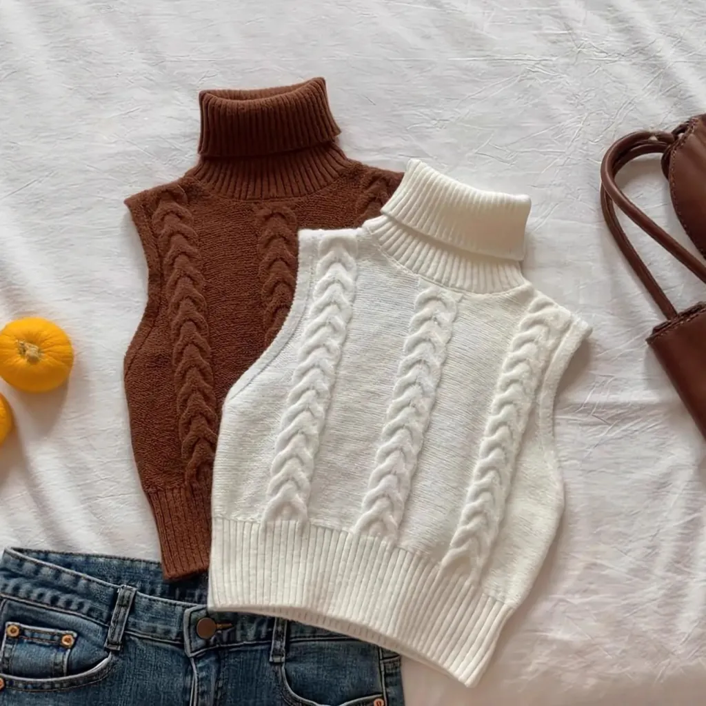 Europe And America Cross Border Spring And Autumn New Fashion Double-sided Cable-knit Turtleneck Sleeveless All-matching Knitted Sweater Vest Top O...