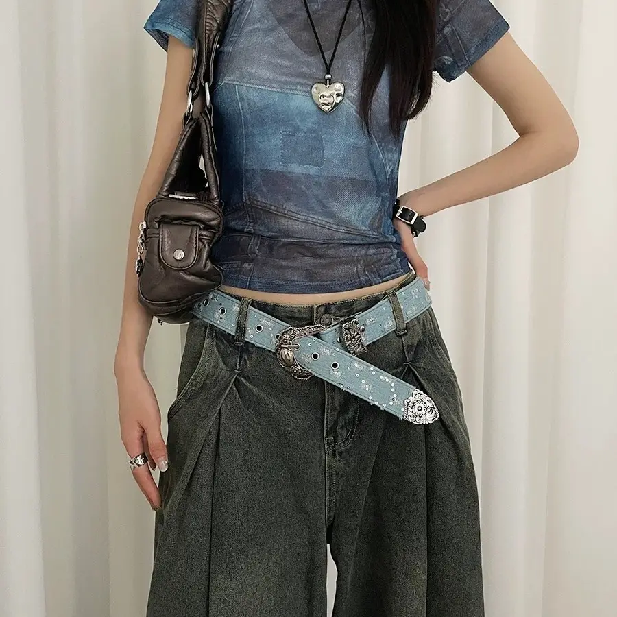 Blue Denim Belt Vintage Carved Leather Accessory