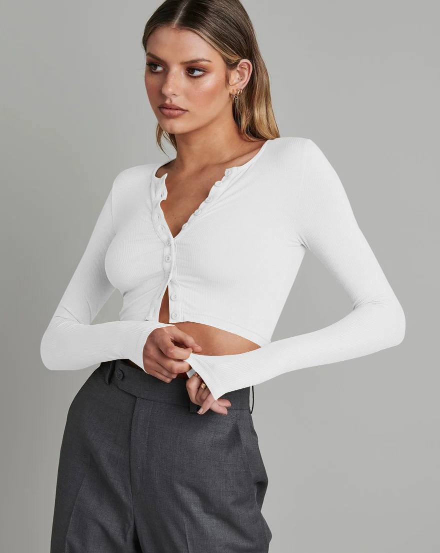 Button Rib Long Sleeve Knitted Cardigan Women's Clothes Cropped Top Esij022 White - Shop at LoveMi