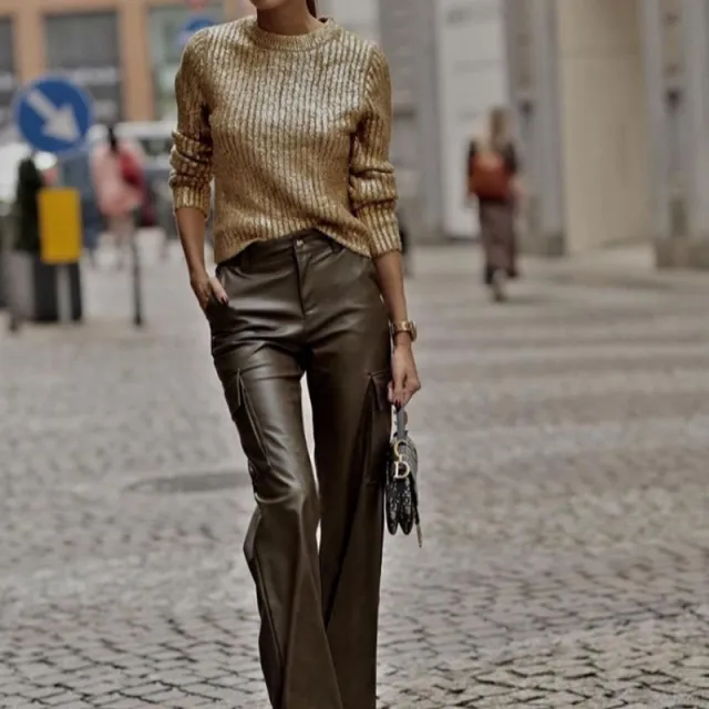 Women's Polyester Sweater Round Neck Elegant Bronzing Top Gold - Shop at LoveMi
